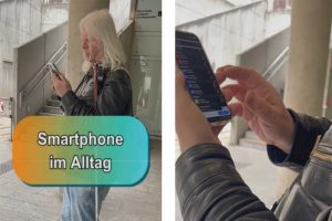Bild. Gerhard Hojas bei der Benutzung seines Smartphones im Alltag